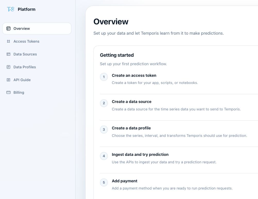 Temporis platform overview showing the getting-started prediction workflow